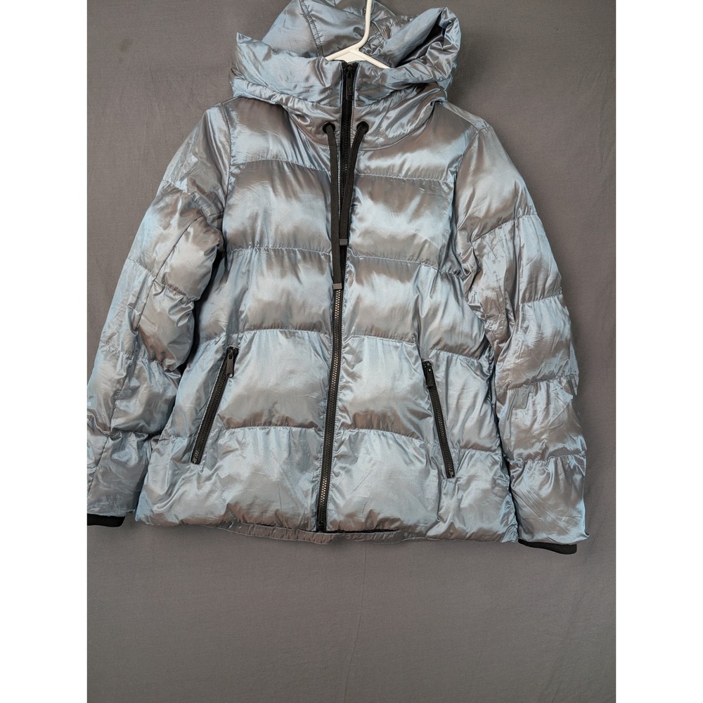 Sam Edelman Womens Metallic Blue Hooded Puffer Jacket XS 70839
